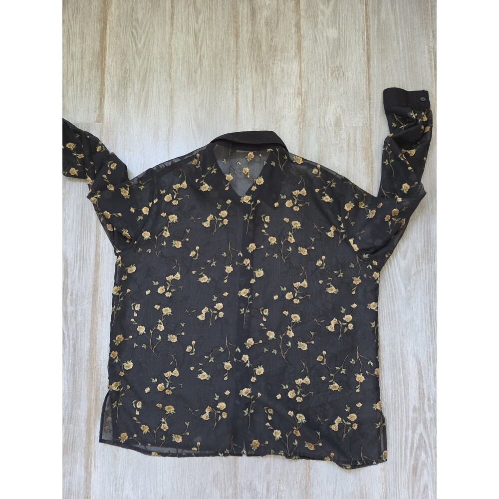 BonWorth M Petite Black Sheer Floral Embroidered Button Up Blouse Long Sleeve - Picture 8 of 8